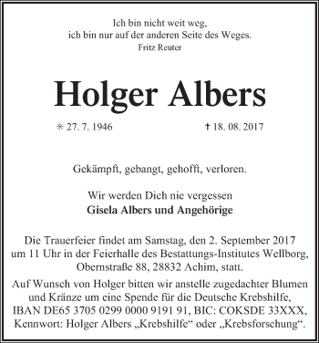 Traueranzeige von Holger Albers