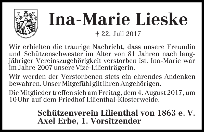  Traueranzeige für Ina-Marie Lieske vom 03.08.2017 aus Wuemme Zeitung