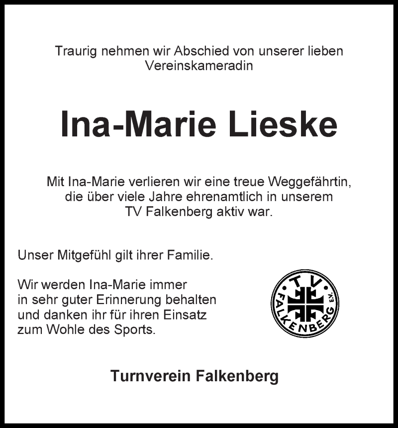  Traueranzeige für Ina-Marie Lieske vom 03.08.2017 aus Wuemme Zeitung