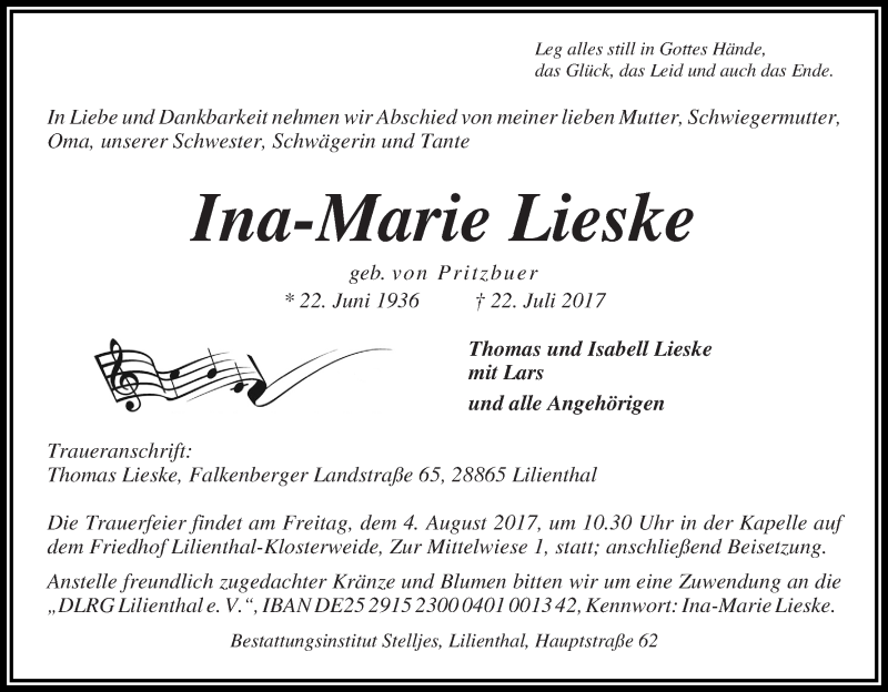  Traueranzeige für Ina-Marie Lieske vom 02.08.2017 aus Wuemme Zeitung
