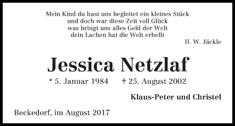  Traueranzeige für Jessica Netzlaf vom 25.08.2017 aus Die Norddeutsche