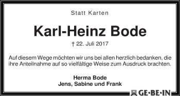 Traueranzeige von Karl-Heinz Bode