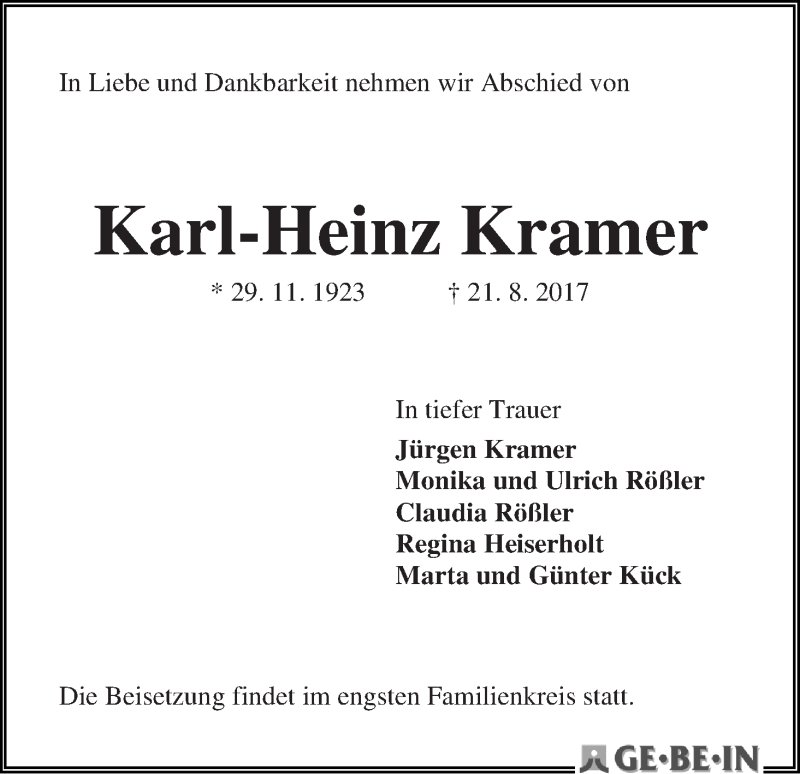 Traueranzeige von Karl-Heinz Kramer von WESER-KURIER