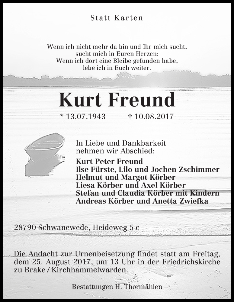 Traueranzeige für Kurt Freund vom 19.08.2017 aus Die Norddeutsche
