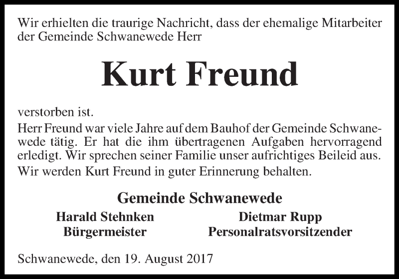 Traueranzeige von Kurt Freund von Die Norddeutsche