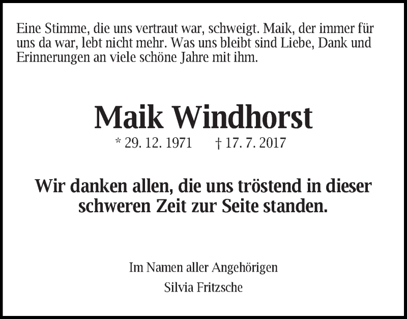  Traueranzeige für Maik Windhorst vom 26.08.2017 aus WESER-KURIER