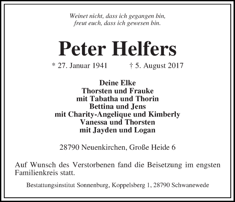 Traueranzeige von Peter Helfers von Die Norddeutsche