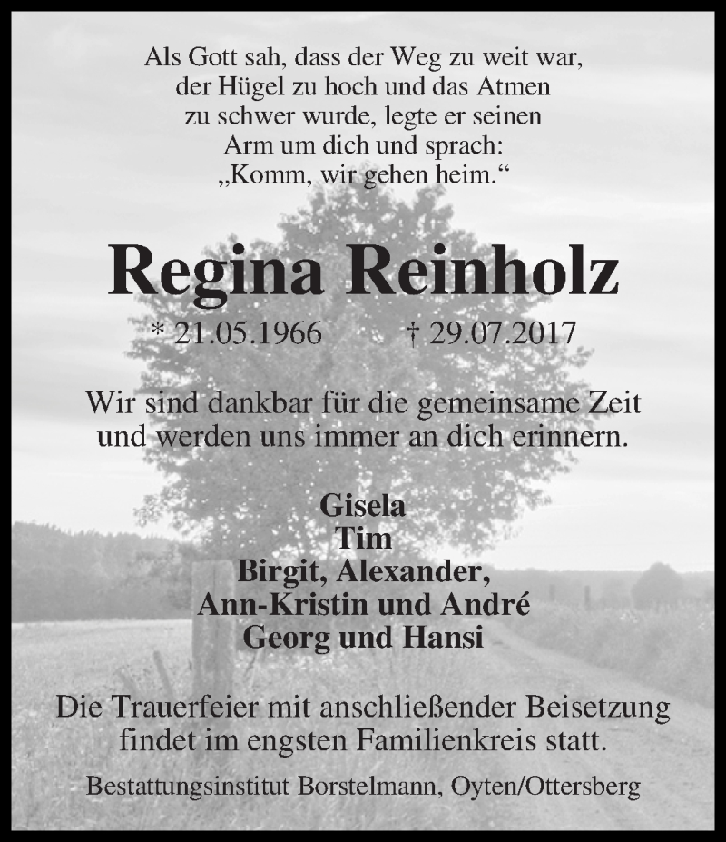  Traueranzeige für Regina Reinholz vom 05.08.2017 aus WESER-KURIER