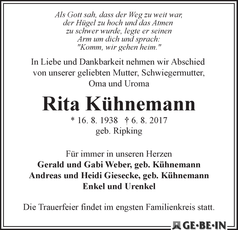  Traueranzeige für Rita Kühnemann vom 12.08.2017 aus WESER-KURIER
