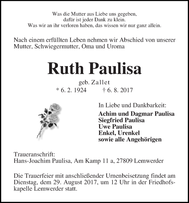  Traueranzeige für Ruth Paulisa vom 19.08.2017 aus Die Norddeutsche