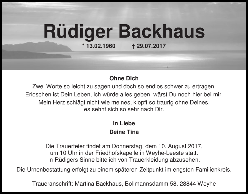  Traueranzeige für Rüdiger Backhaus vom 05.08.2017 aus WESER-KURIER