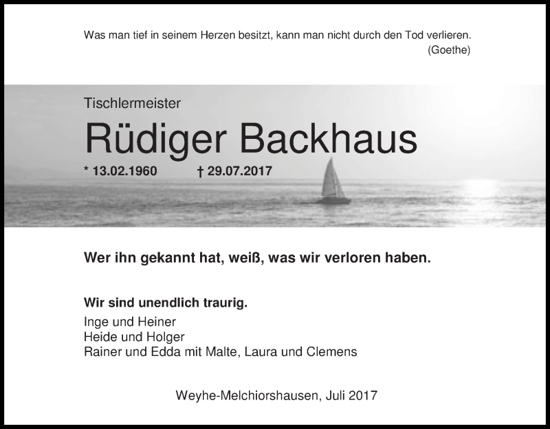  Traueranzeige für Rüdiger Backhaus vom 05.08.2017 aus WESER-KURIER