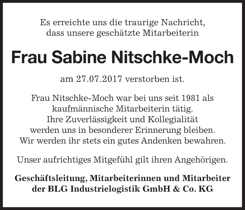  Traueranzeige für Sabine Nitschke-Moch vom 05.08.2017 aus WESER-KURIER