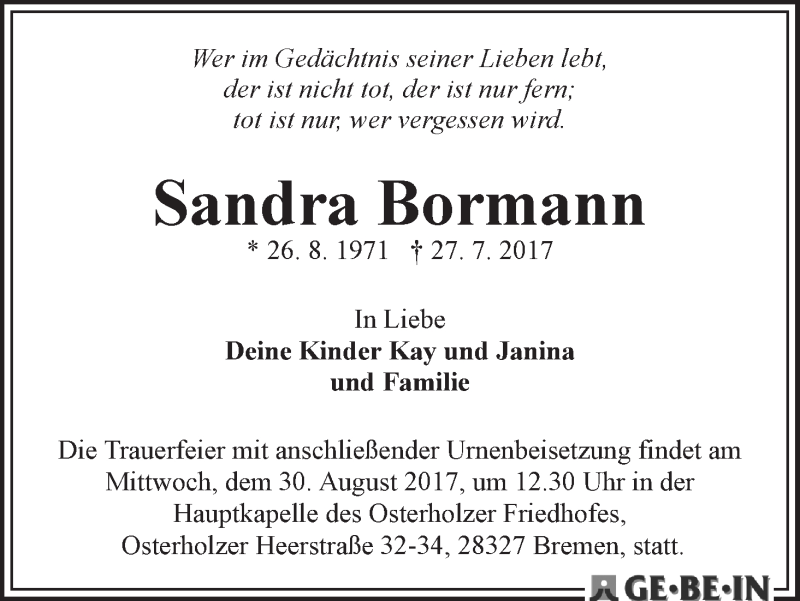  Traueranzeige für Sandra Bormann vom 19.08.2017 aus WESER-KURIER