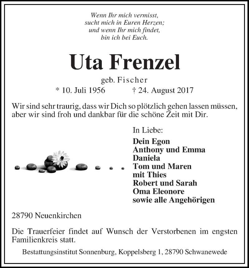 Traueranzeige von Uta Frenzel von Die Norddeutsche