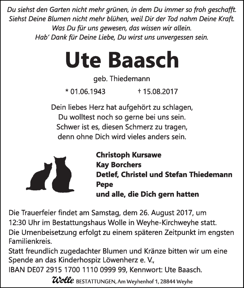  Traueranzeige für Ute Baasch vom 21.08.2017 aus WESER-KURIER