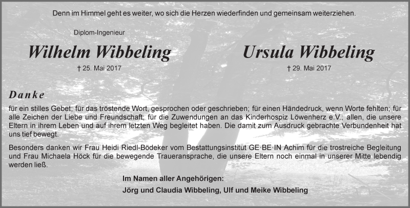 Traueranzeige von Wilhelm und Ursula Wibbeling von WESER-KURIER