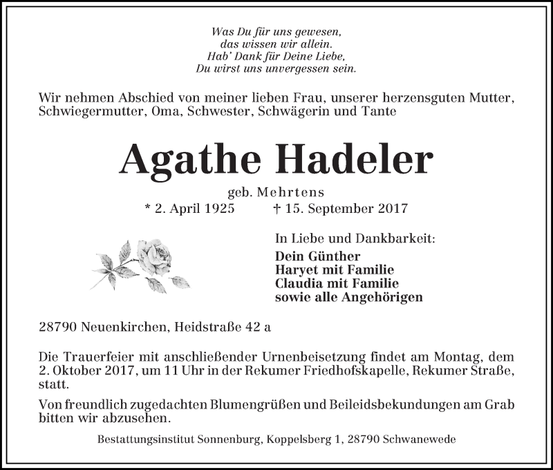 Traueranzeige von Agathe Hadeler von Die Norddeutsche