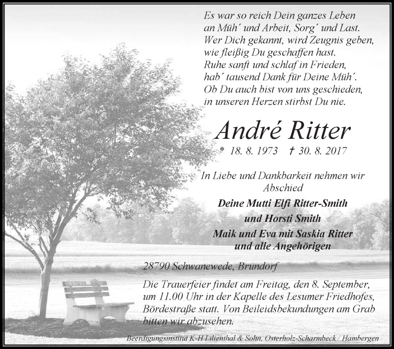  Traueranzeige für Andre Ritter vom 04.09.2017 aus Die Norddeutsche