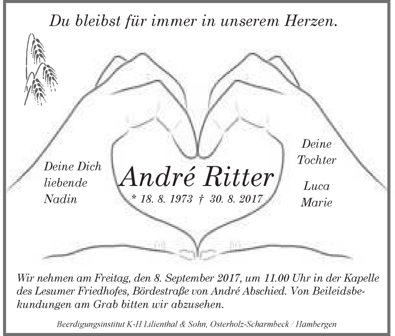  Traueranzeige für Andre Ritter vom 04.09.2017 aus Die Norddeutsche