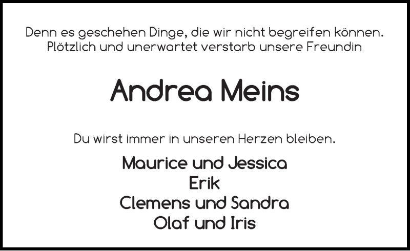  Traueranzeige für Andrea Meins vom 26.09.2017 aus WESER-KURIER