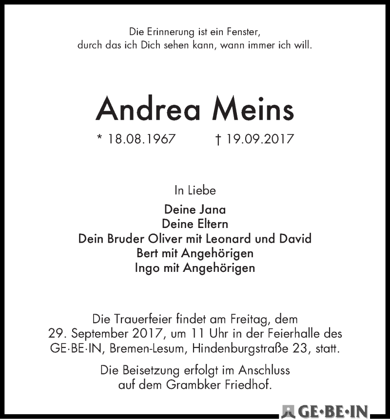  Traueranzeige für Andrea Meins vom 23.09.2017 aus Die Norddeutsche