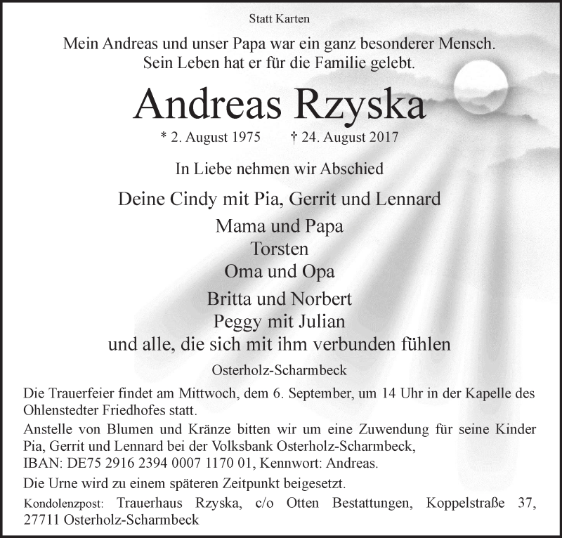  Traueranzeige für Andreas Rzyska vom 02.09.2017 aus Osterholzer Kreisblatt