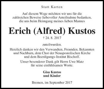 Traueranzeige von Erich (Alfred) Kustos