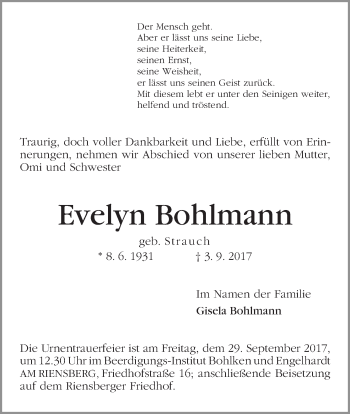 Traueranzeige von Evelyn Bohlmann