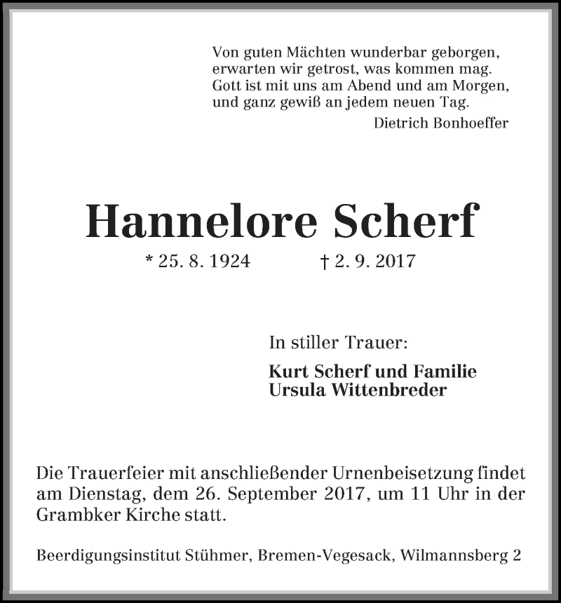  Traueranzeige für Hannelore Scherf vom 16.09.2017 aus Die Norddeutsche