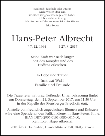 Traueranzeige von Hans-Peter Albrecht