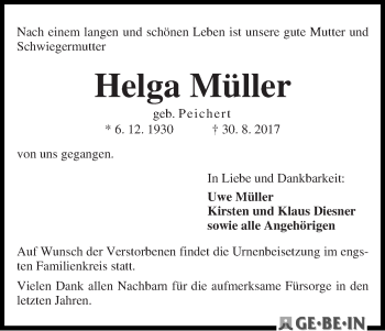 Traueranzeige von Helga Müller