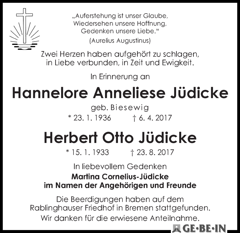Traueranzeige von Herbert Otto und Hannelore Anneliese Jüdicke von WESER-KURIER