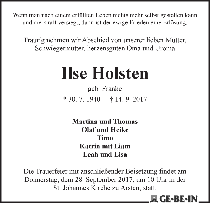  Traueranzeige für Ilse Holsten vom 23.09.2017 aus WESER-KURIER