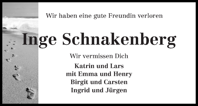  Traueranzeige für Inge Schnakenberg vom 27.09.2017 aus WESER-KURIER