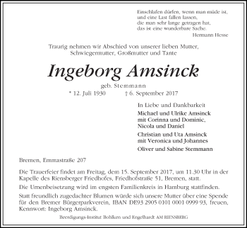 Traueranzeige von Ingeborg Amsinck