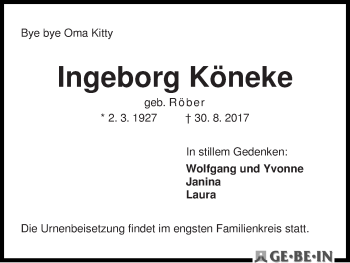Traueranzeige von Ingeborg Köneke