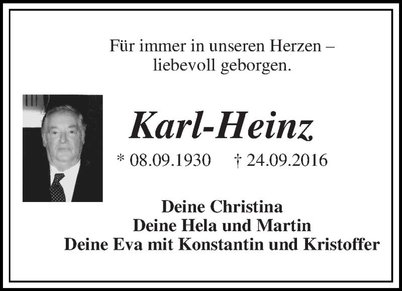  Traueranzeige für Karl-Heinz Müller vom 23.09.2017 aus WESER-KURIER