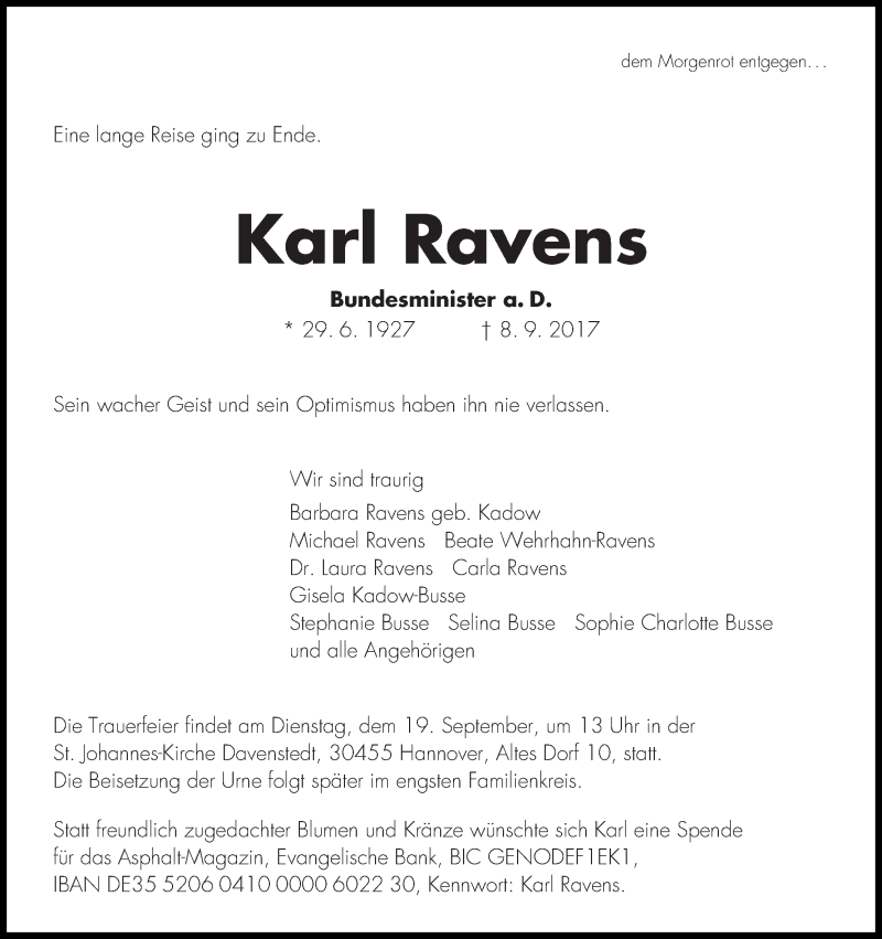  Traueranzeige für Karl Ravens vom 16.09.2017 aus Achimer Kurier/Verdener Nachrichten