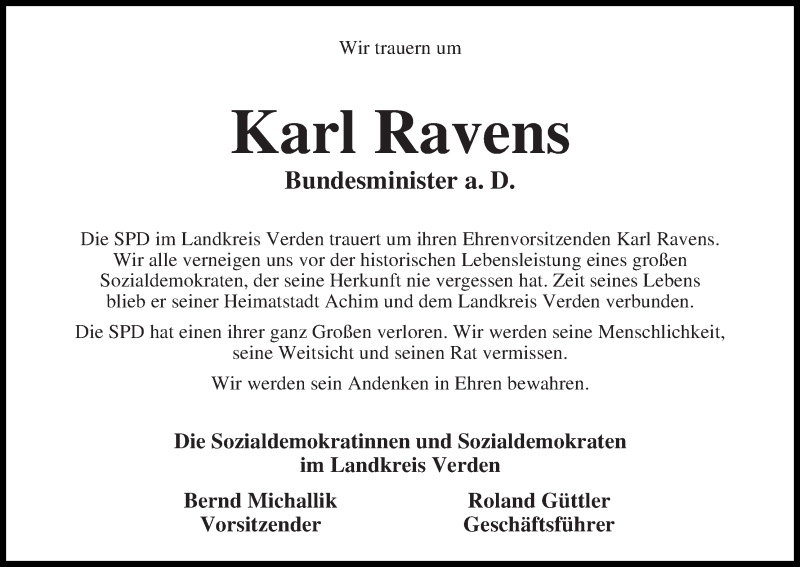  Traueranzeige für Karl Ravens vom 16.09.2017 aus Achimer Kurier/Verdener Nachrichten