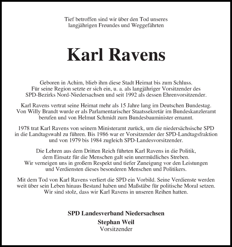  Traueranzeige für Karl Ravens vom 16.09.2017 aus Achimer Kurier/Verdener Nachrichten