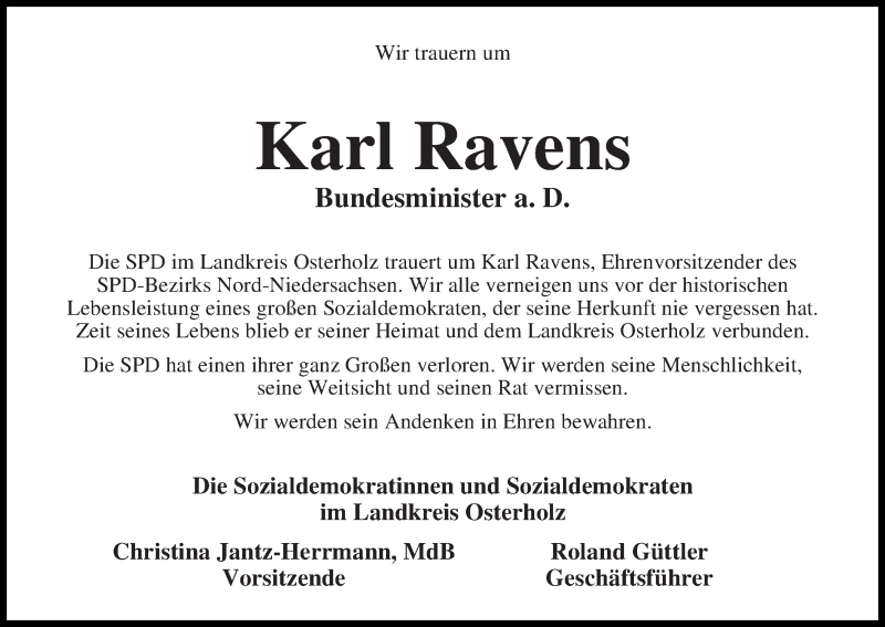  Traueranzeige für Karl Ravens vom 16.09.2017 aus Wuemme Zeitung