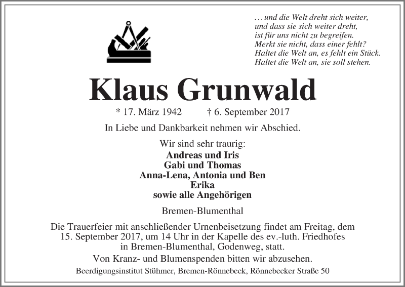  Traueranzeige für Klaus Grunwald vom 09.09.2017 aus Die Norddeutsche