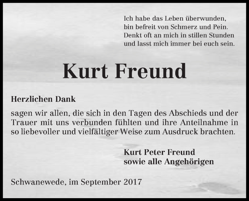  Traueranzeige für Kurt Freund vom 16.09.2017 aus WESER-KURIER