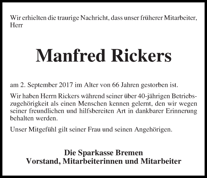  Traueranzeige für Manfred Rickers vom 06.09.2017 aus WESER-KURIER