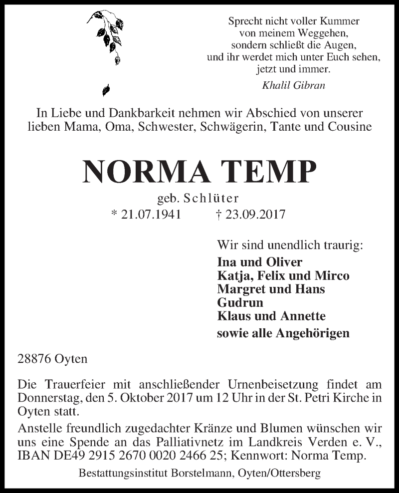  Traueranzeige für Norma Temp vom 27.09.2017 aus WESER-KURIER
