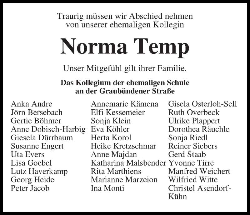  Traueranzeige für Norma Temp vom 30.09.2017 aus WESER-KURIER