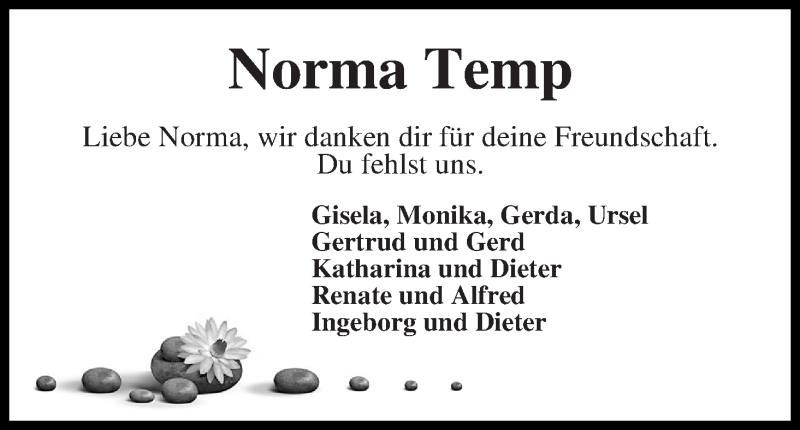  Traueranzeige für Norma Temp vom 28.09.2017 aus WESER-KURIER