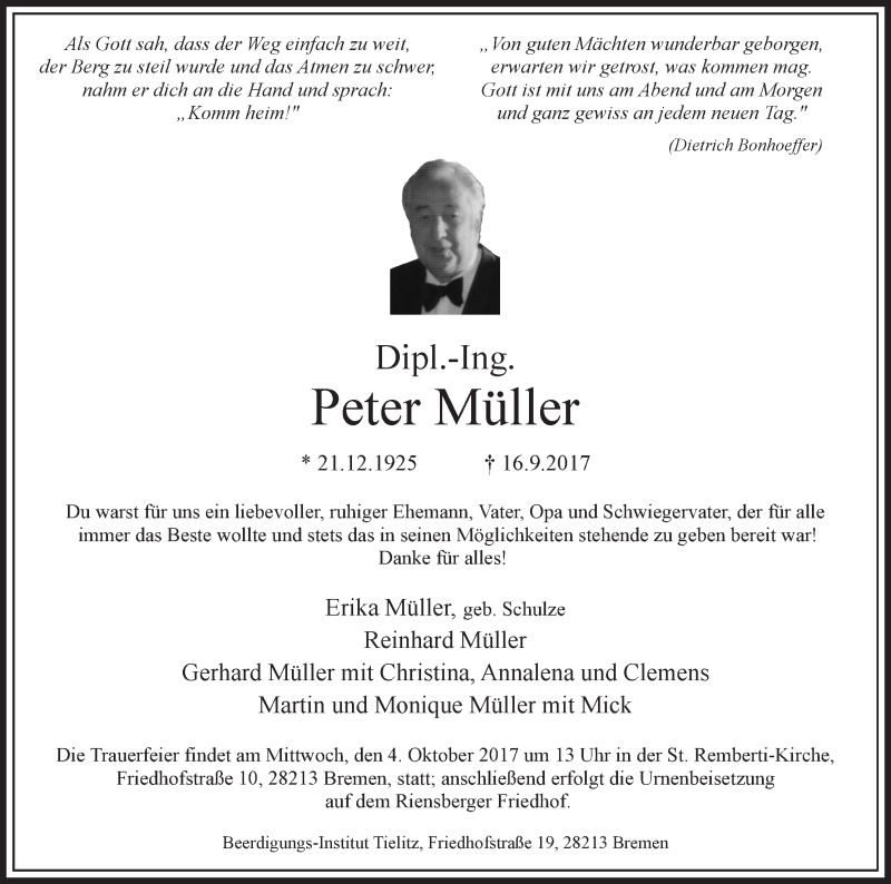 Traueranzeige von Peter Müller von WESER-KURIER