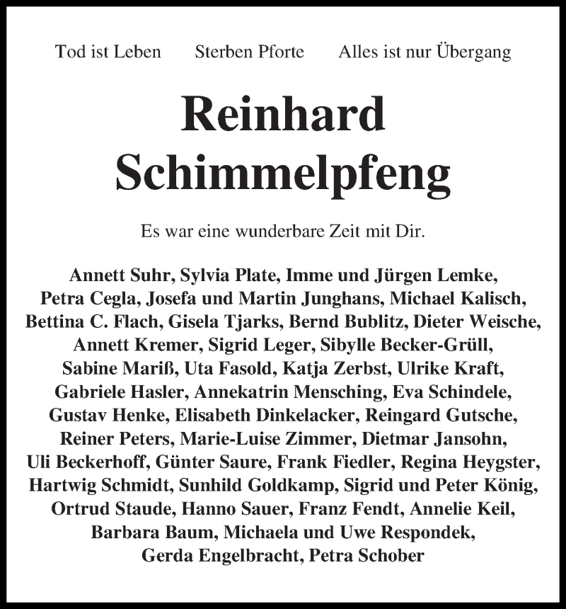  Traueranzeige für Reinhard Schimmelpfeng vom 23.09.2017 aus WESER-KURIER